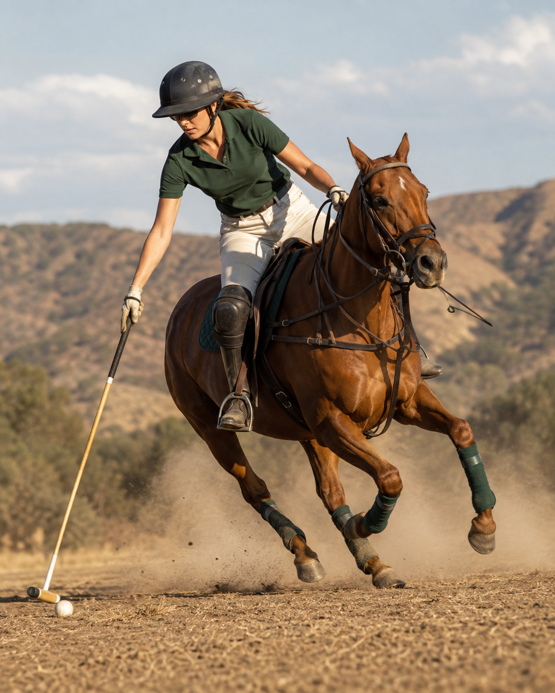 A polo rider reaching for the ball during an action drill