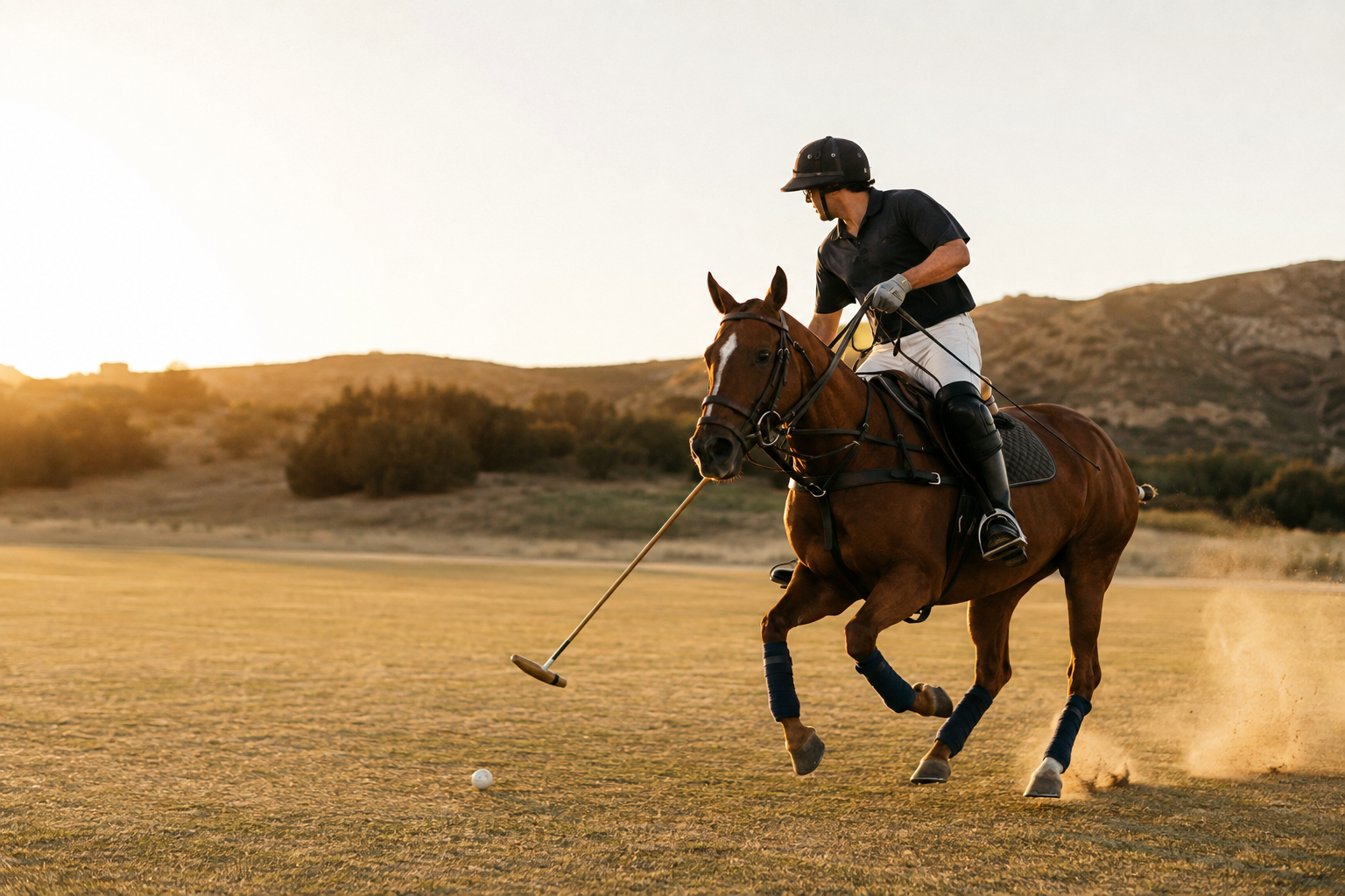 Polo rider and horse at golden hour near Acton